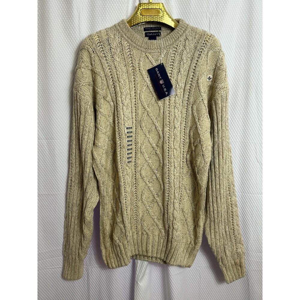 New Gant Hand Framed Cable Knit Sweater Pullover Mens Medium Cotton Y2K Beige